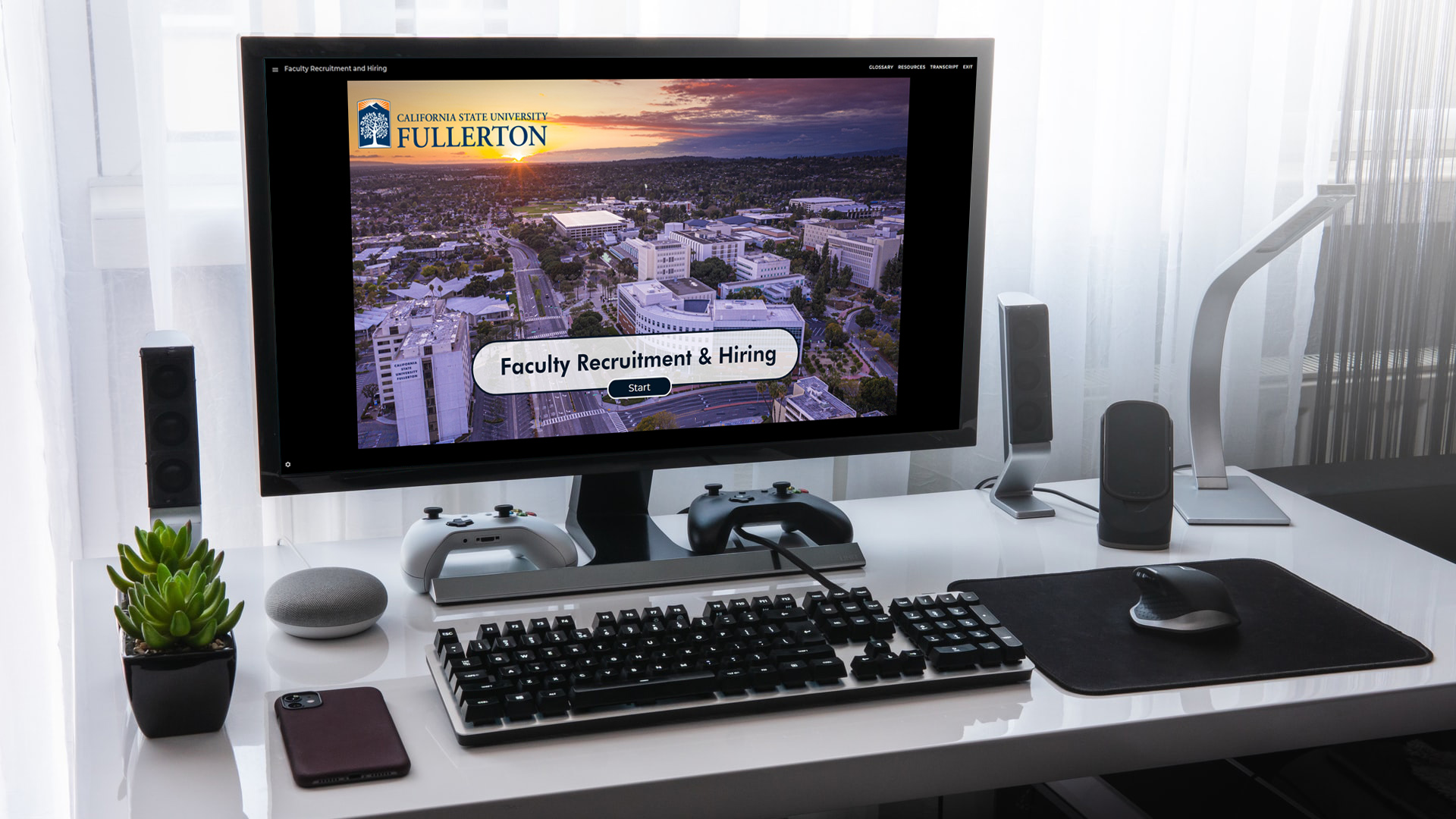 Person using computer with Mayer's principles learning experience on screen