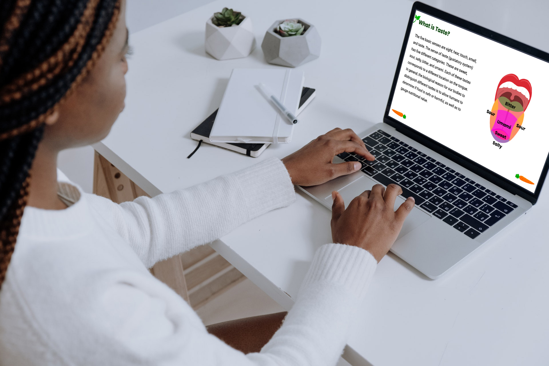 Person using computer with tastes learning module on screen